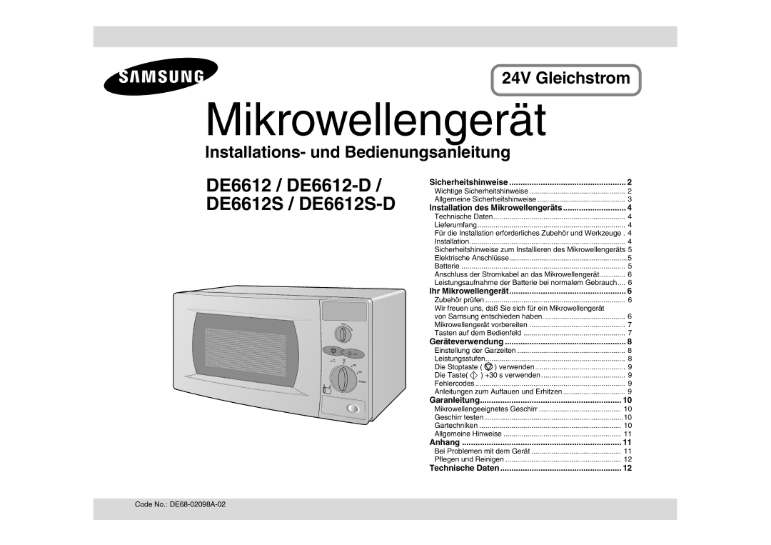 Samsung DE6612S-DB/XEG manual Wir freuen uns, daß Sie sich für ein Mikrowellengerät, Die Taste, Code No. DE68-02098A-02 