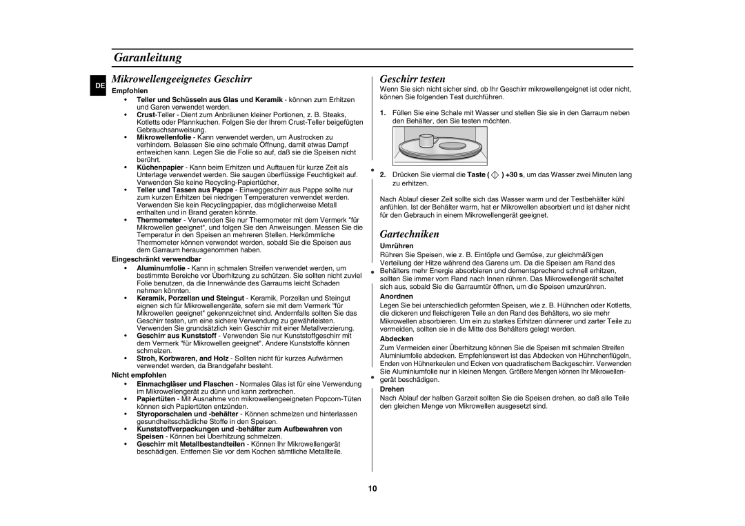 Samsung DE6612S-DB/XEG manual Garanleitung, Mikrowellengeeignetes Geschirr, Geschirr testen, Gartechniken 