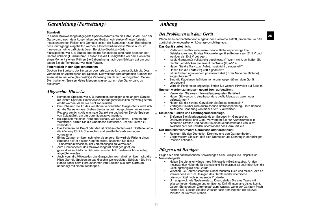 Samsung DE6612S-DB/XEG manual Garanleitung Fortsetzung, Anhang, Allgemeine Hinweise, Pflegen und Reinigen 