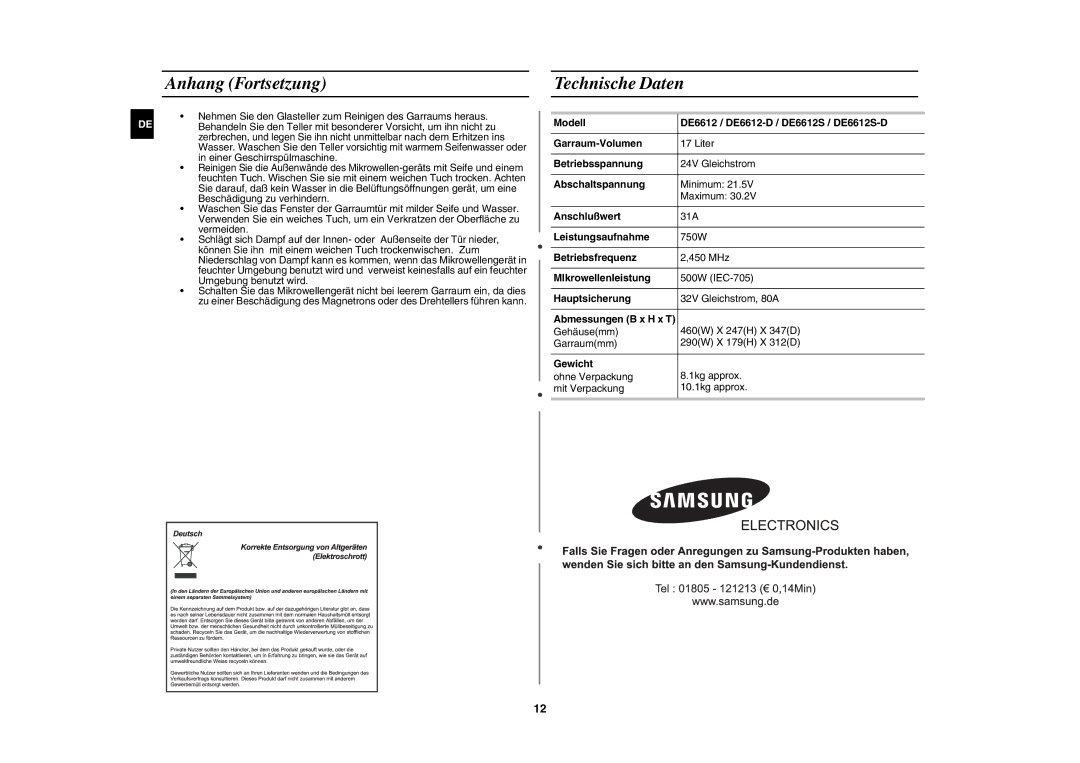 Samsung DE6612S-DB/XEG manual Anhang Fortsetzung, Technische Daten 