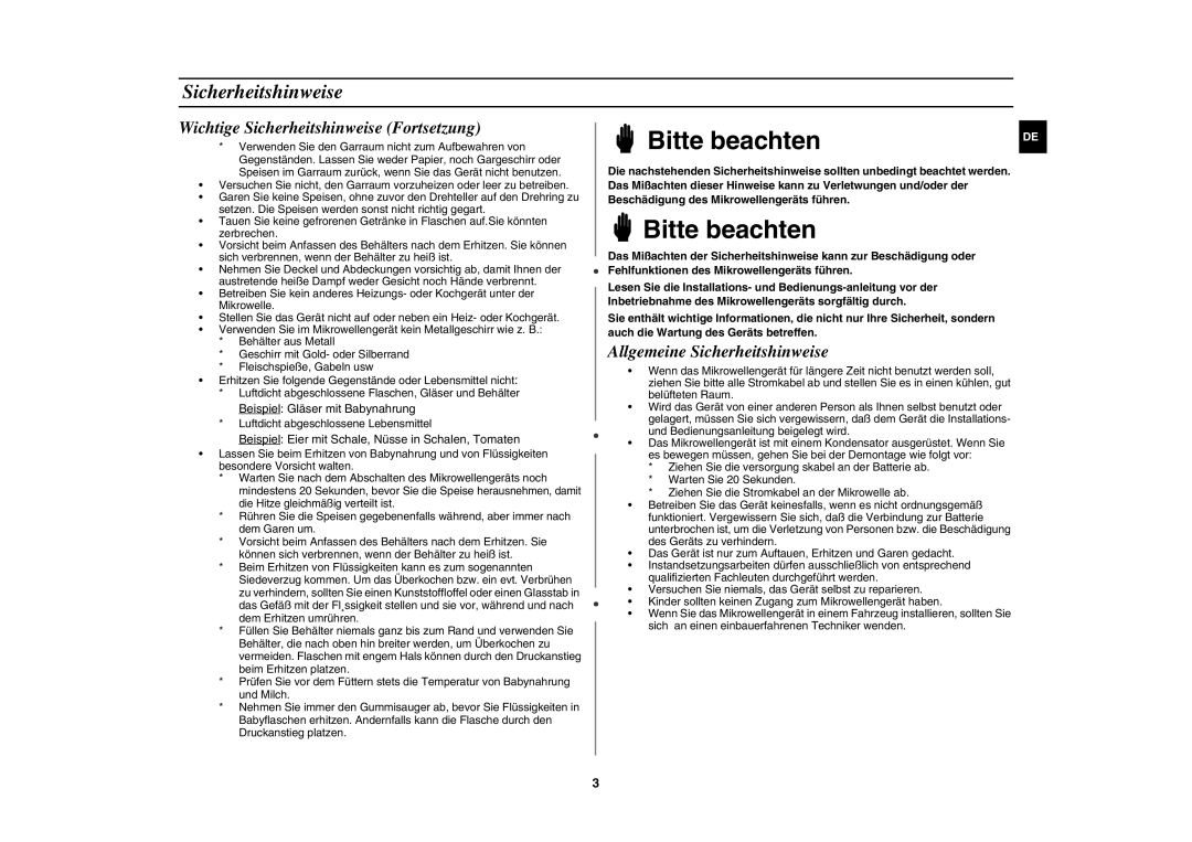 Samsung DE6612S-DB/XEG manual Wichtige Sicherheitshinweise Fortsetzung, Allgemeine Sicherheitshinweise 