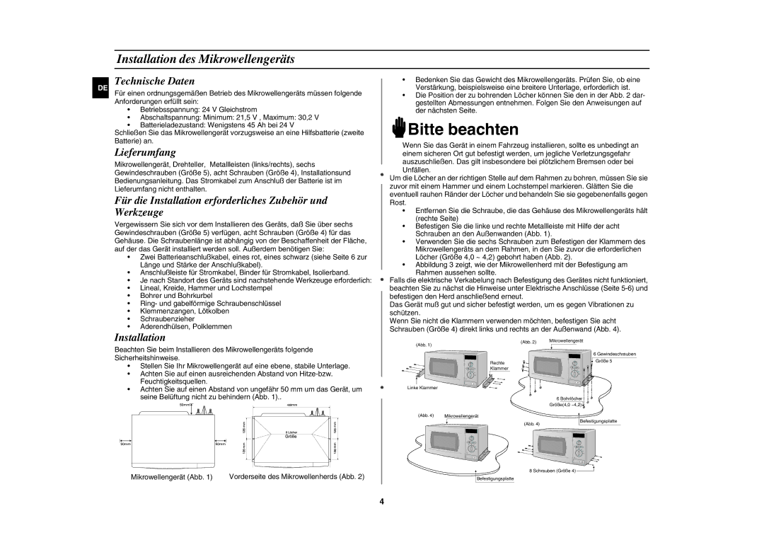 Samsung DE6612S-DB/XEG manual Installation des Mikrowellengeräts, Technische Daten, Lieferumfang 