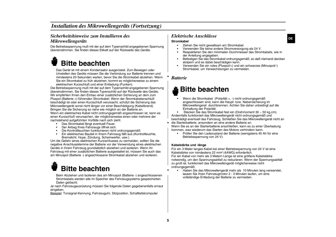 Samsung DE6612S-DB/XEG manual Installation des Mikrowellengeräts Fortsetzung, Elektrische Anschlüsse, Batterie 