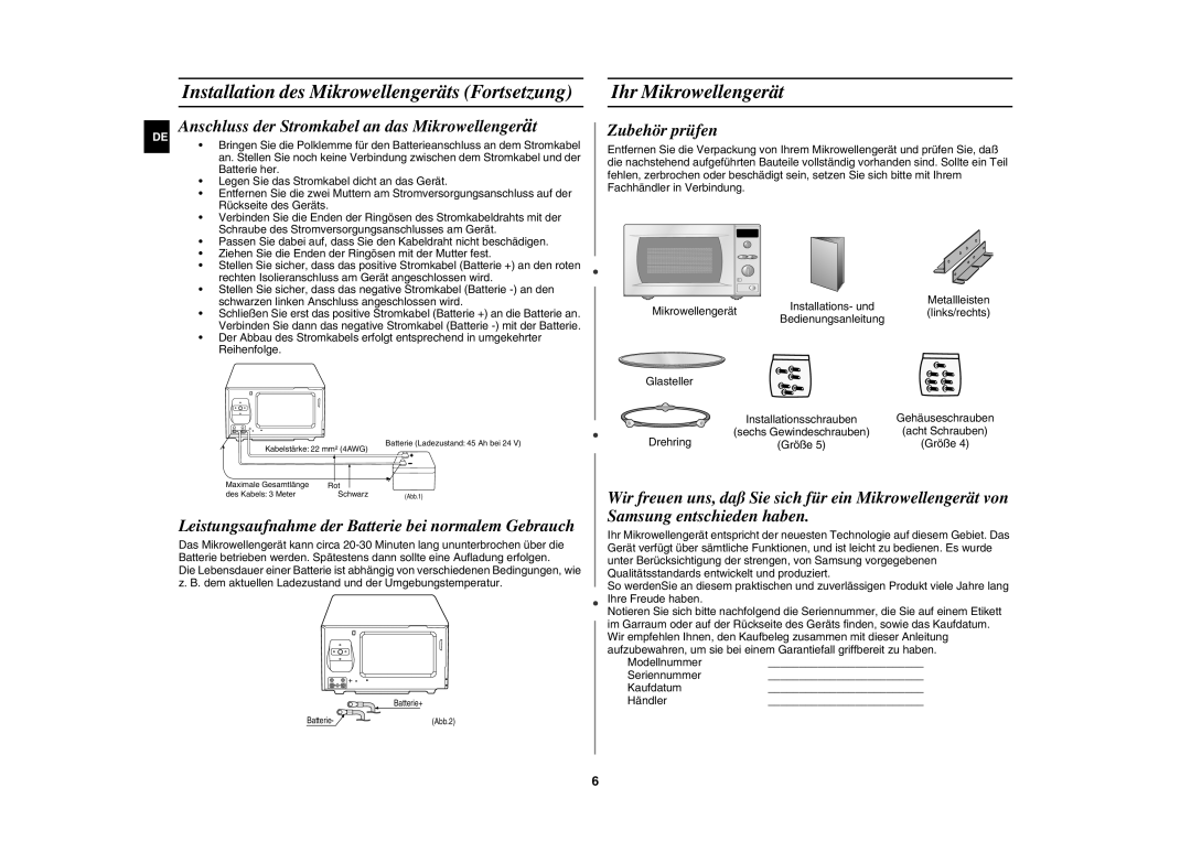 Samsung DE6612S-DB/XEG Ihr Mikrowellengerät, Anschluss der Stromkabel an das Mikrowellengerät, Zubehör prüfen, Drehring 