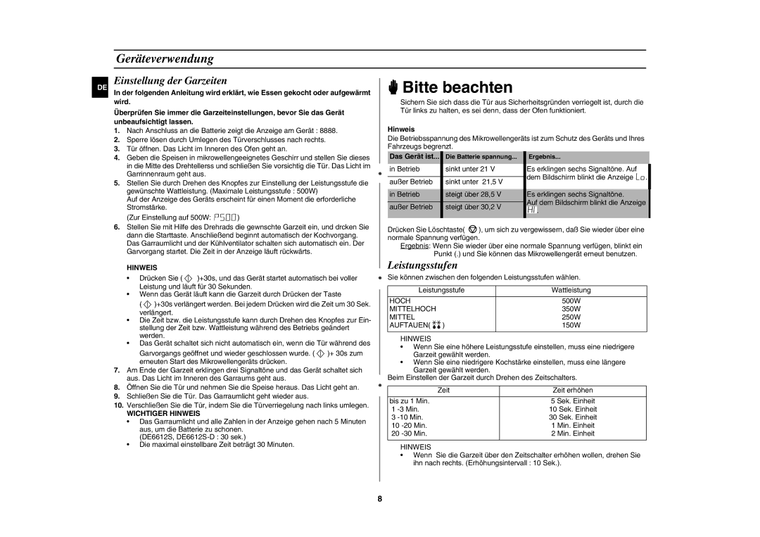 Samsung DE6612S-DB/XEG manual Geräteverwendung, Einstellung der Garzeiten, Leistungsstufen 