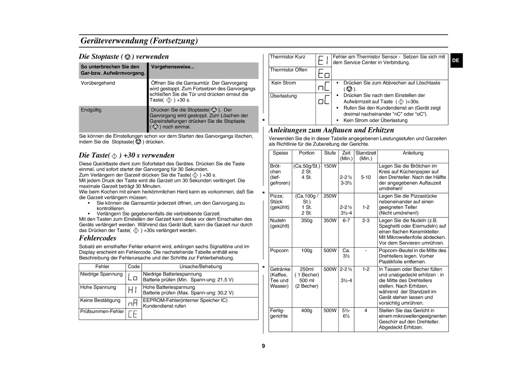 Samsung DE6612S-DB/XEG manual Geräteverwendung Fortsetzung, Die Stoptaste verwenden, Anleitungen zum Auftauen und Erhitzen 