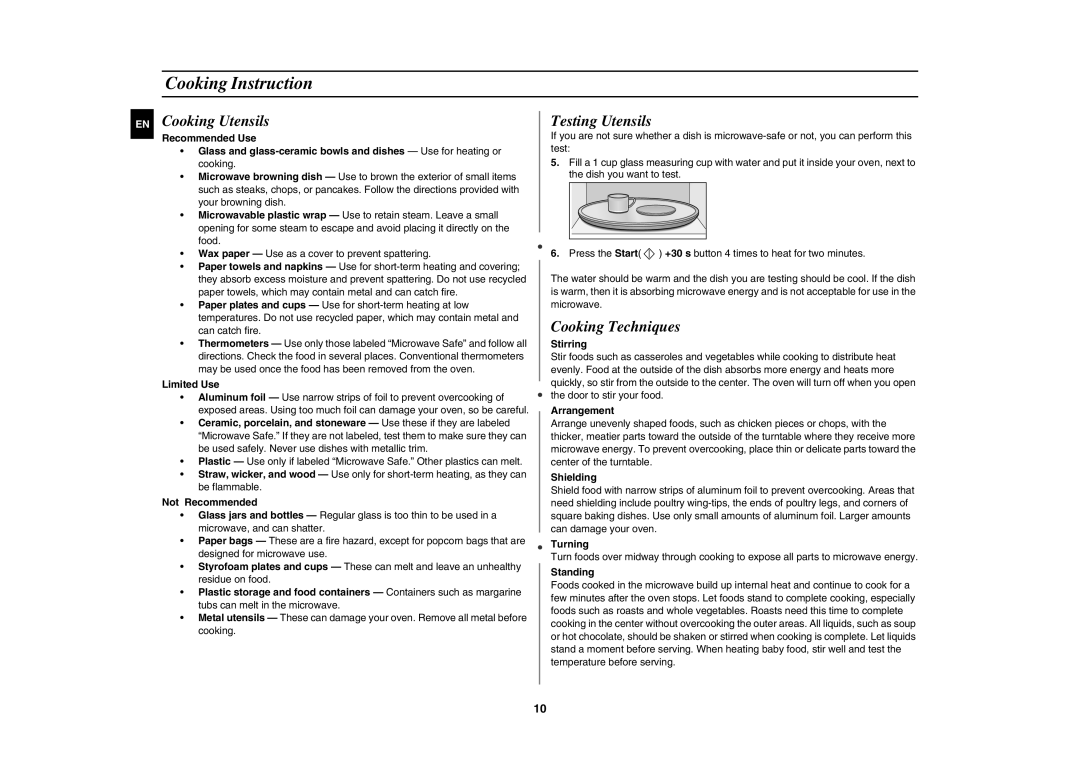 Samsung DE6612S-DB/XEG manual Cooking Instruction, Cooking Utensils, Testing Utensils, Cooking Techniques 