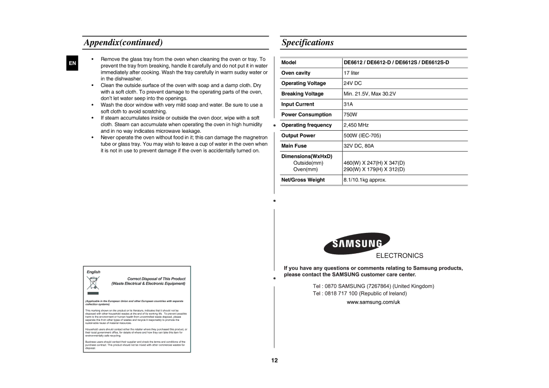 Samsung DE6612S-DB/XEG manual Specifications 