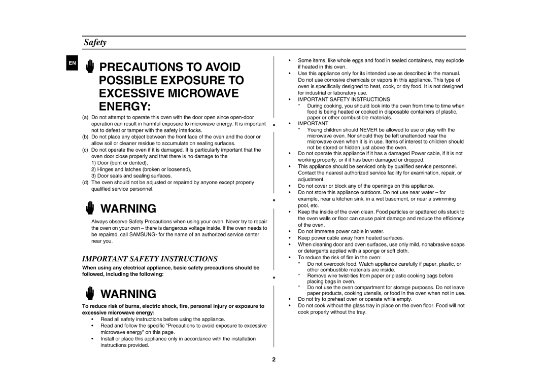 Samsung DE6612S-DB/XEG manual Important Safety Instructions 