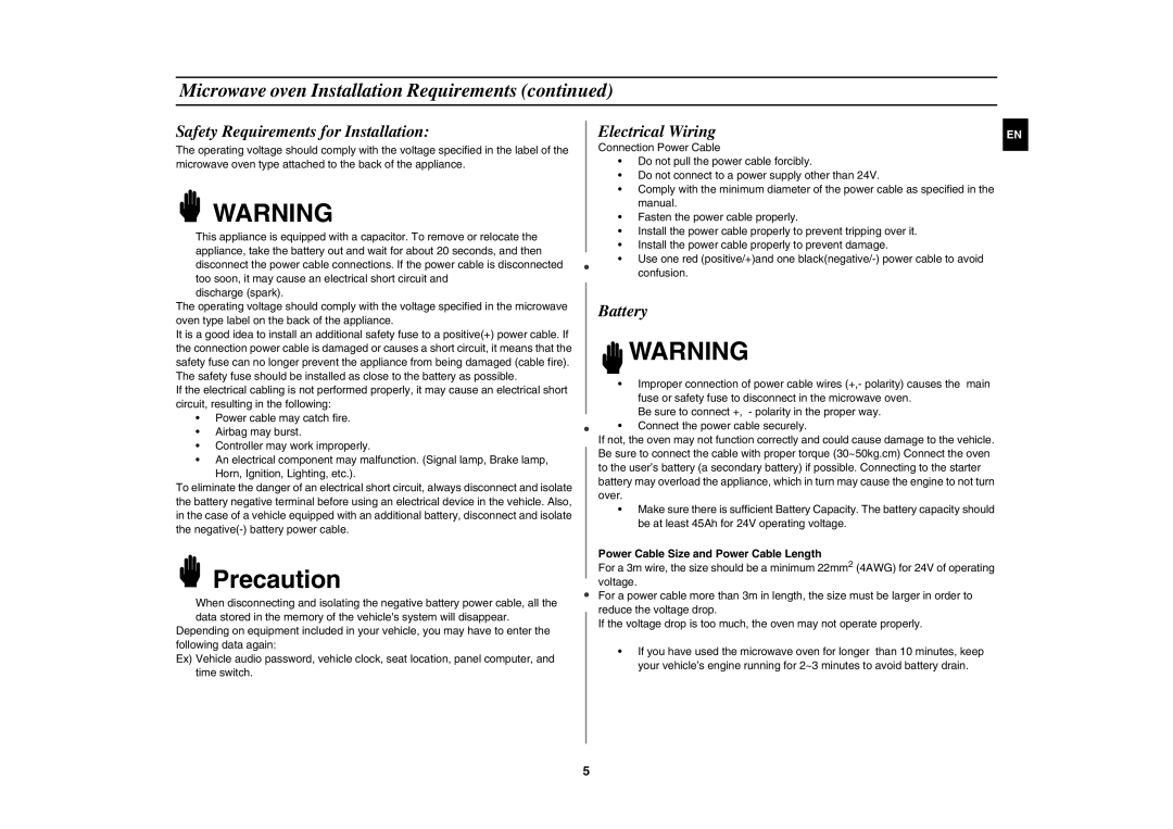 Samsung DE6612S-DB/XEG manual Safety Requirements for Installation, Battery, Power Cable Size and Power Cable Length 