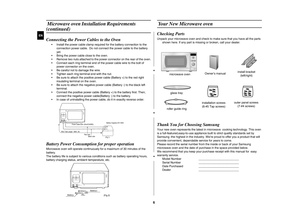 Samsung DE6612S-DB/XEG manual Your New Microwave oven, Connecting the Power Cables to the Oven, Checking Parts 