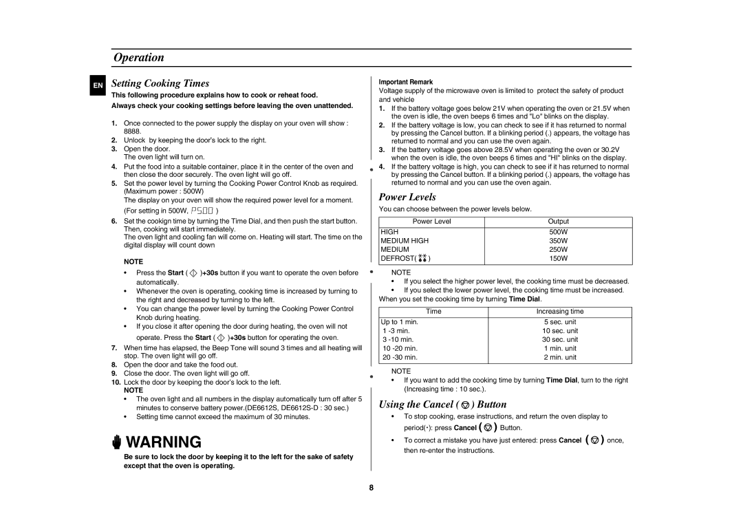 Samsung DE6612S-DB/XEG manual Operation, Setting Cooking Times, Power Levels, Using the Cancel Button 