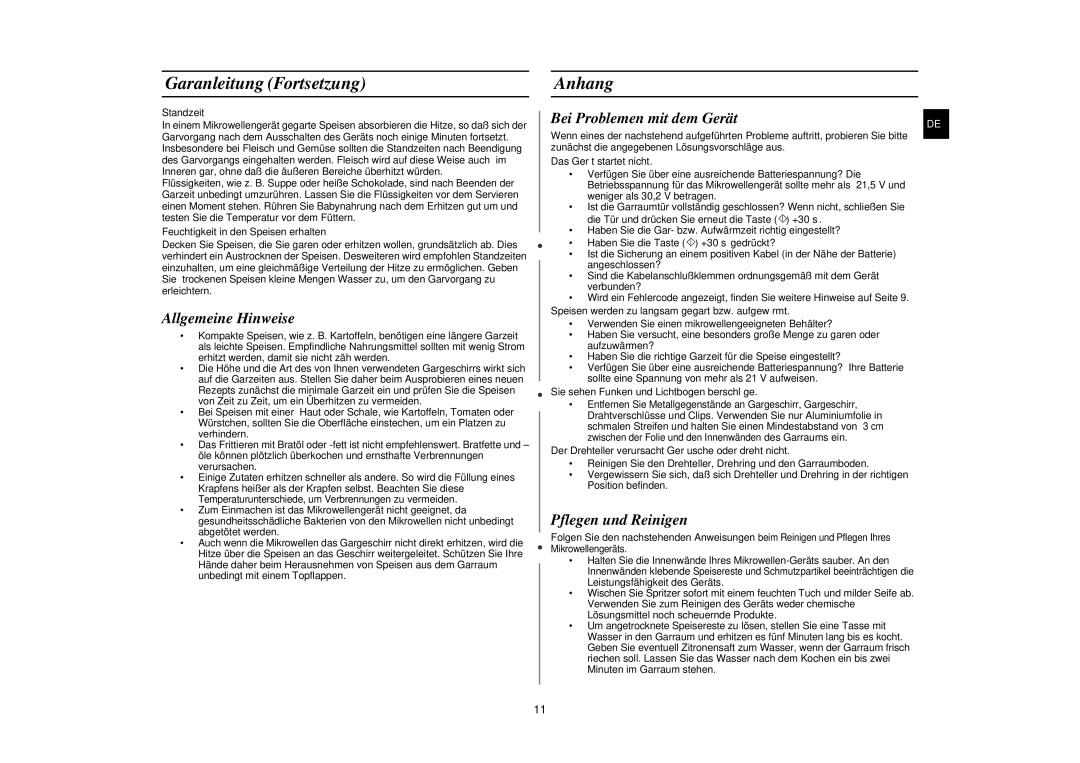 Samsung DE6612S-DC/XEG manual Garanleitung Fortsetzung, Anhang, Allgemeine Hinweise, Bei Problemen mit dem Gerät 