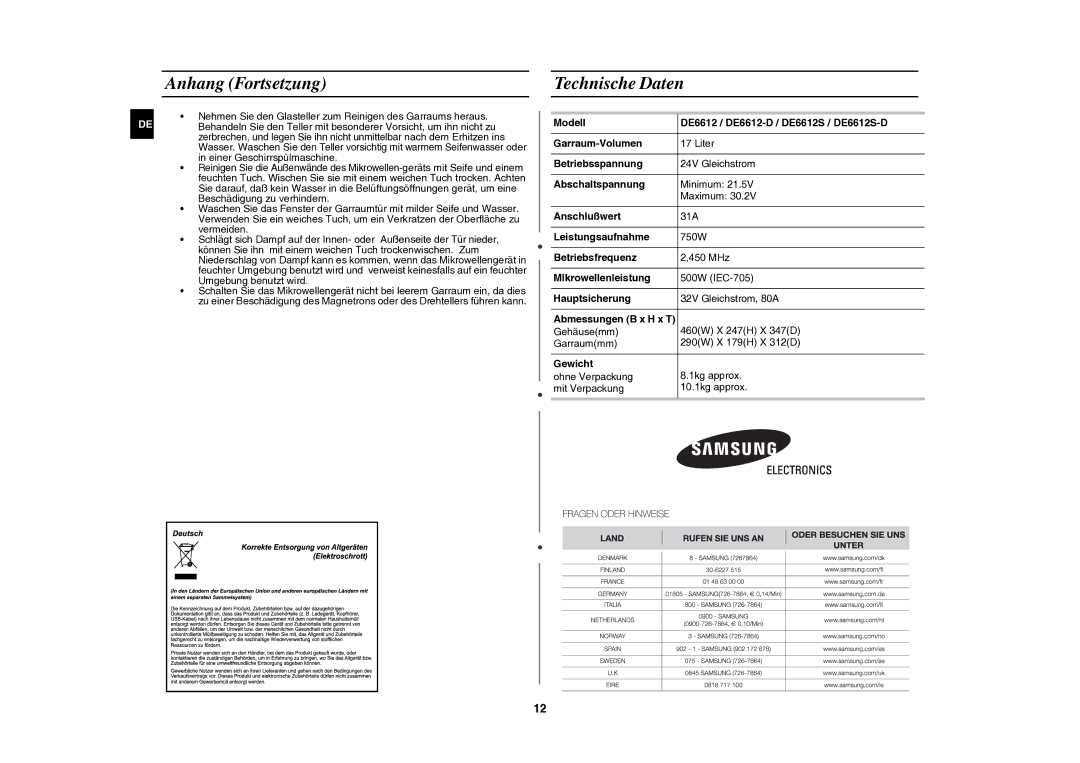 Samsung DE6612S-DC/XEG manual Anhang Fortsetzung, Technische Daten 