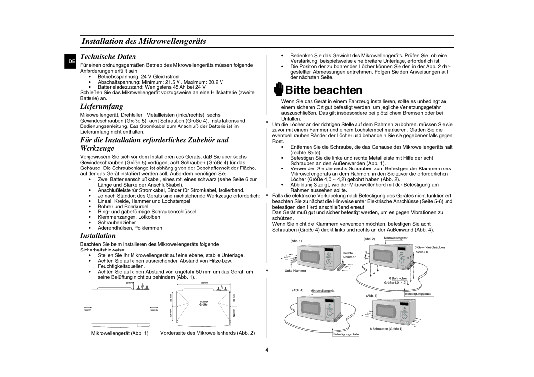 Samsung DE6612S-DC/XEG manual Installation des Mikrowellengeräts, Technische Daten, Lieferumfang 