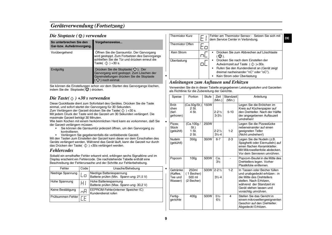 Samsung DE6612S-DC/XEG manual Geräteverwendung Fortsetzung, Die Stoptaste verwenden, Anleitungen zum Auftauen und Erhitzen 