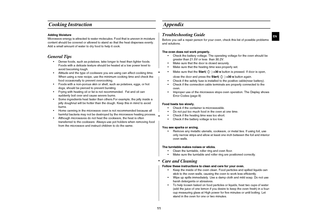 Samsung DE6612S-DC/XEG manual Cooking Instruction Appendix, General Tips, Troubleshooting Guide, Care and Cleaning 