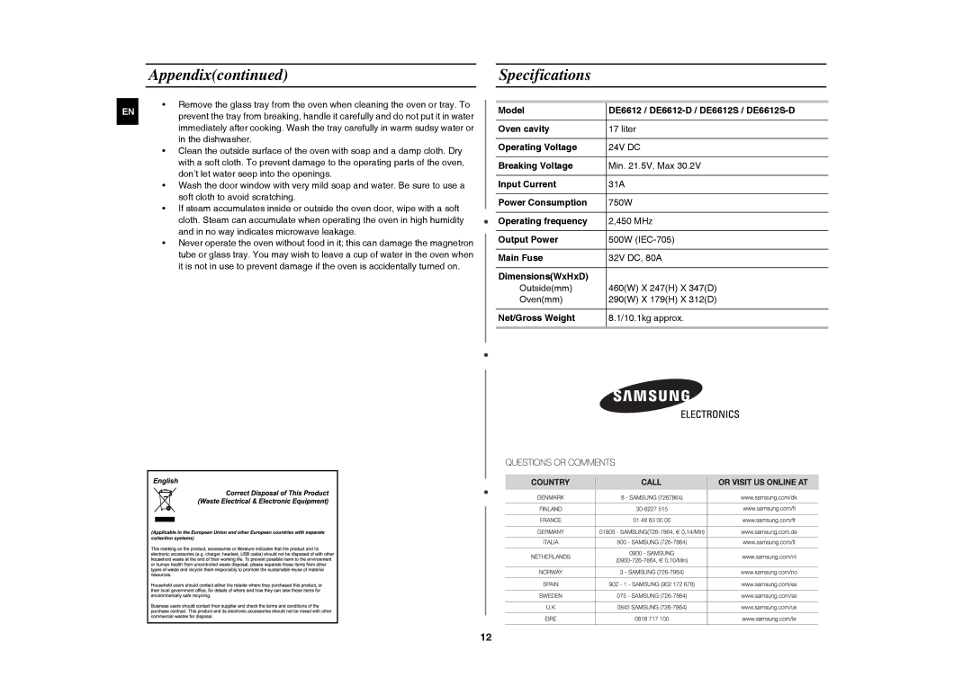 Samsung DE6612S-DC/XEG manual Specifications 