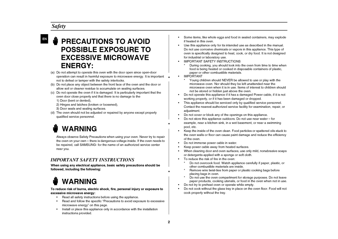 Samsung DE6612S-DC/XEG manual Important Safety Instructions 