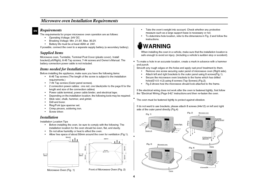 Samsung DE6612S-DC/XEG manual Microwave oven Installation Requirements, Supplied Items Items needed for Installation 