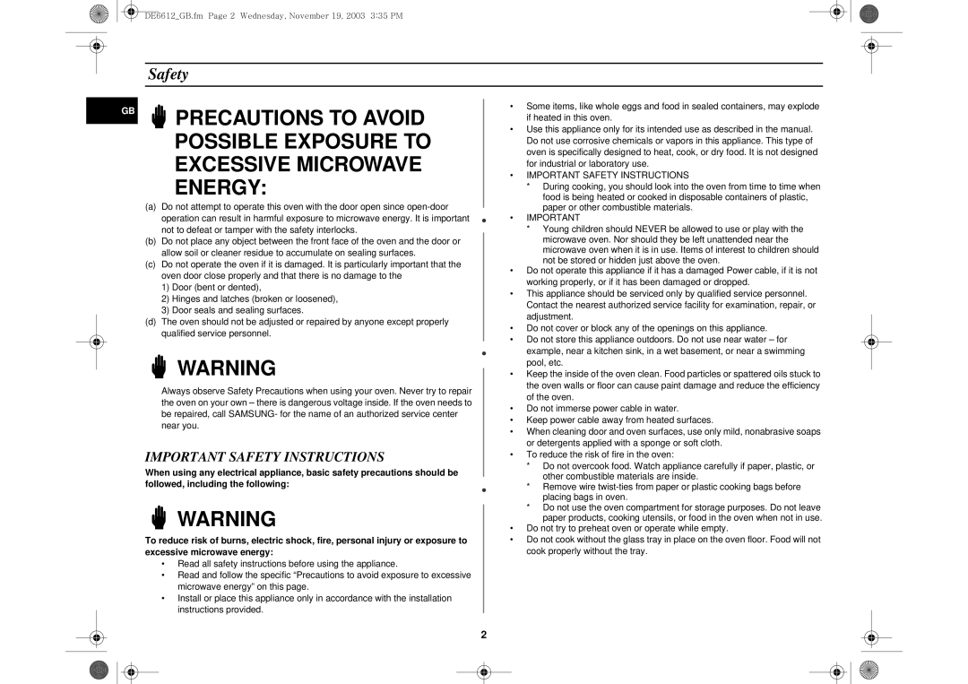 Samsung DE6612S-D/XEG manual Important Safety Instructions 