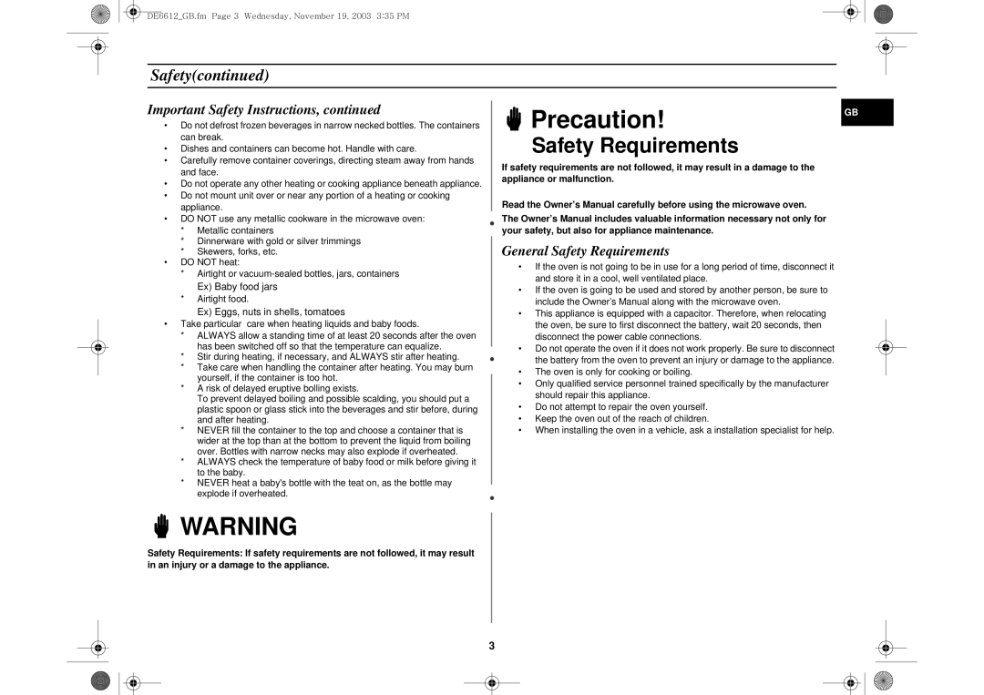 Samsung DE6612S-D/XEG manual Important Safety Instructions, General Safety Requirements 