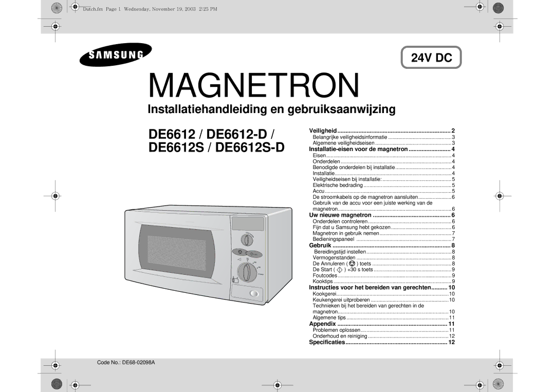 Samsung DE6612S-D/XEG manual Gebruik van de accu voor een juiste werking van de, Code No. DE68-02098A 