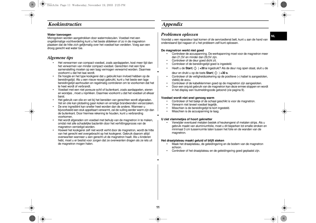 Samsung DE6612S-D/XEG manual Kookinstructies, Appendix, Algemene tips 