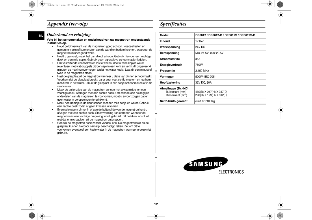 Samsung DE6612S-D/XEG manual Appendix vervolg Specificaties, Onderhoud en reiniging 