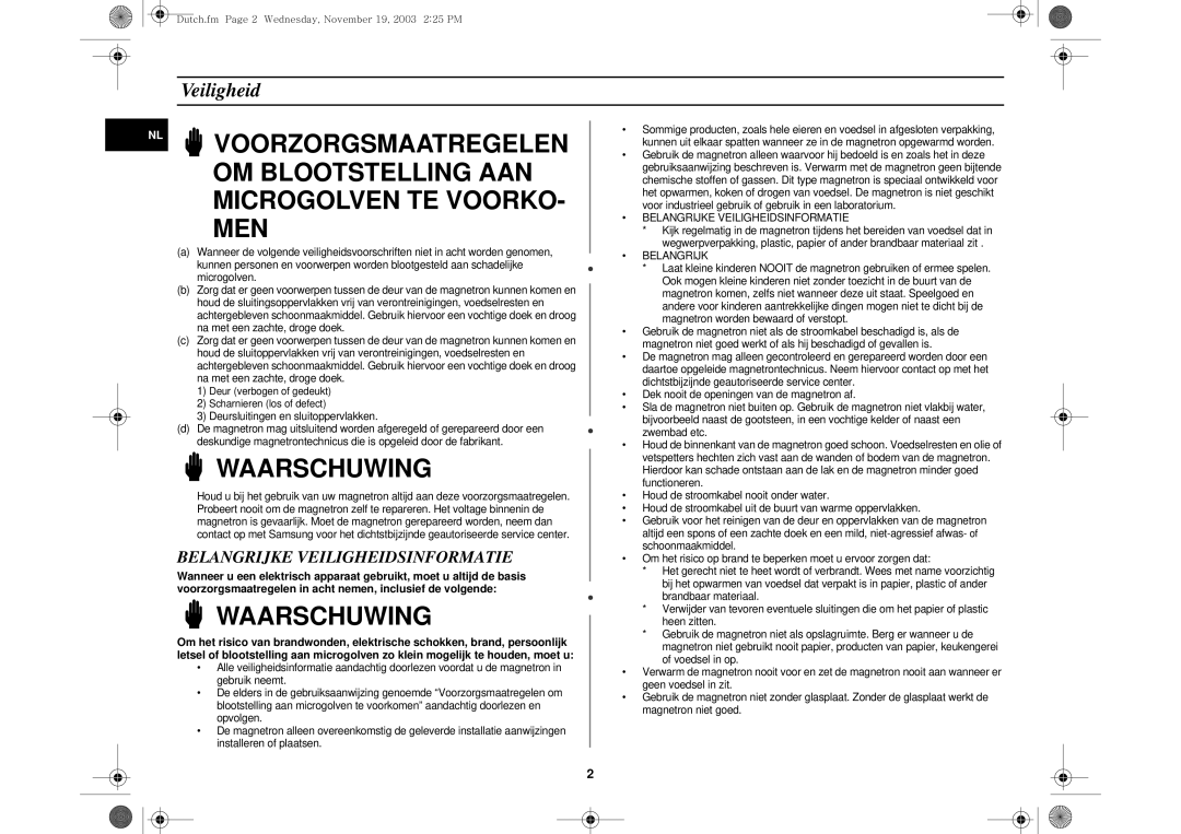 Samsung DE6612S-D/XEG manual Waarschuwing, Veiligheid 