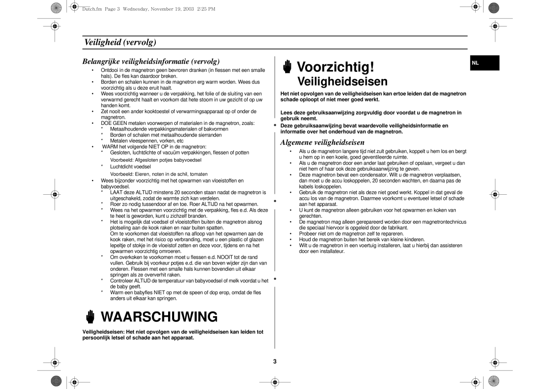 Samsung DE6612S-D/XEG manual Veiligheid vervolg, Belangrijke veiligheidsinformatie vervolg, Algemene veiligheidseisen 