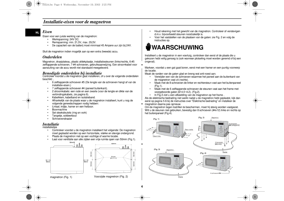 Samsung DE6612S-D/XEG Installatie-eisen voor de magnetron, NL Eisen, Onderdelen, Benodigde onderdelen bij installatie 