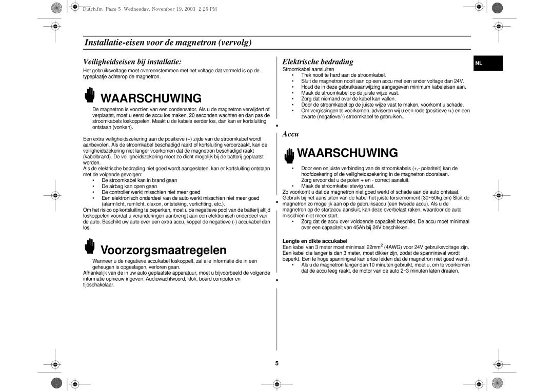 Samsung DE6612S-D/XEG Installatie-eisen voor de magnetron vervolg, Veiligheidseisen bij installatie, Elektrische bedrading 