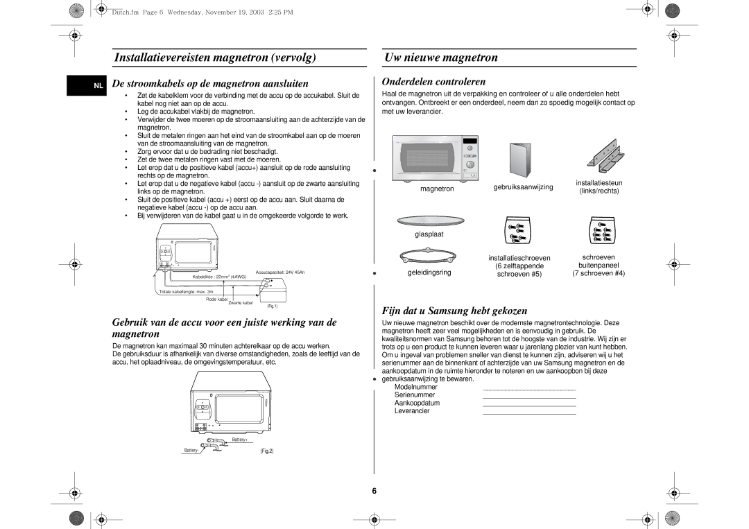 Samsung DE6612S-D/XEG manual Installatievereisten magnetron vervolg, Uw nieuwe magnetron, Onderdelen controleren 