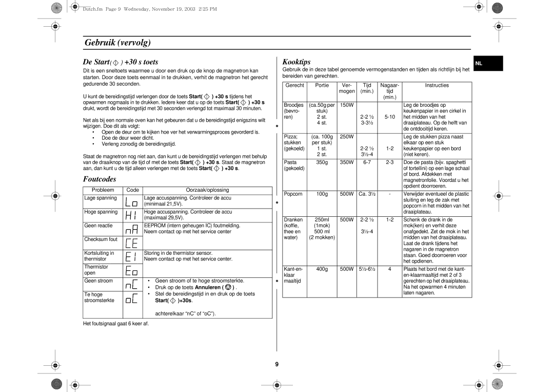 Samsung DE6612S-D/XEG manual Gebruik vervolg, De Start +30 s toets, Foutcodes, Kooktips, Start +30s 