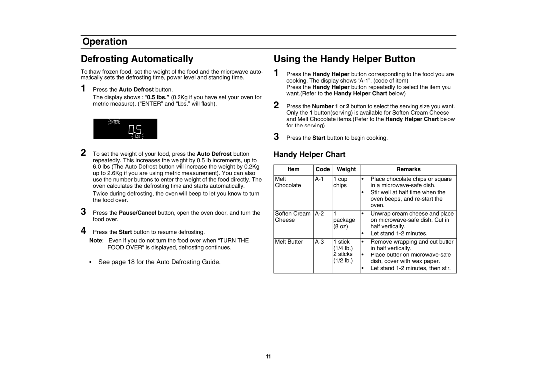 Samsung DE68-00356H-01 owner manual Handy Helper Chart, Code Weight Remarks 