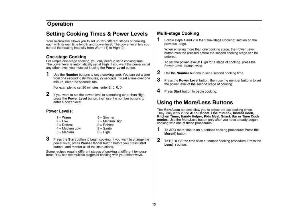 Samsung DE68-00356H-01 owner manual Operation Setting Cooking Times & Power Levels, One-stage Cooking 