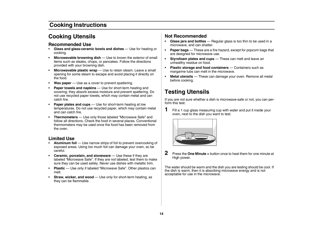 Samsung DE68-00356H-01 owner manual Cooking Instructions Cooking Utensils, Testing Utensils, Recommended Use, Limited Use 