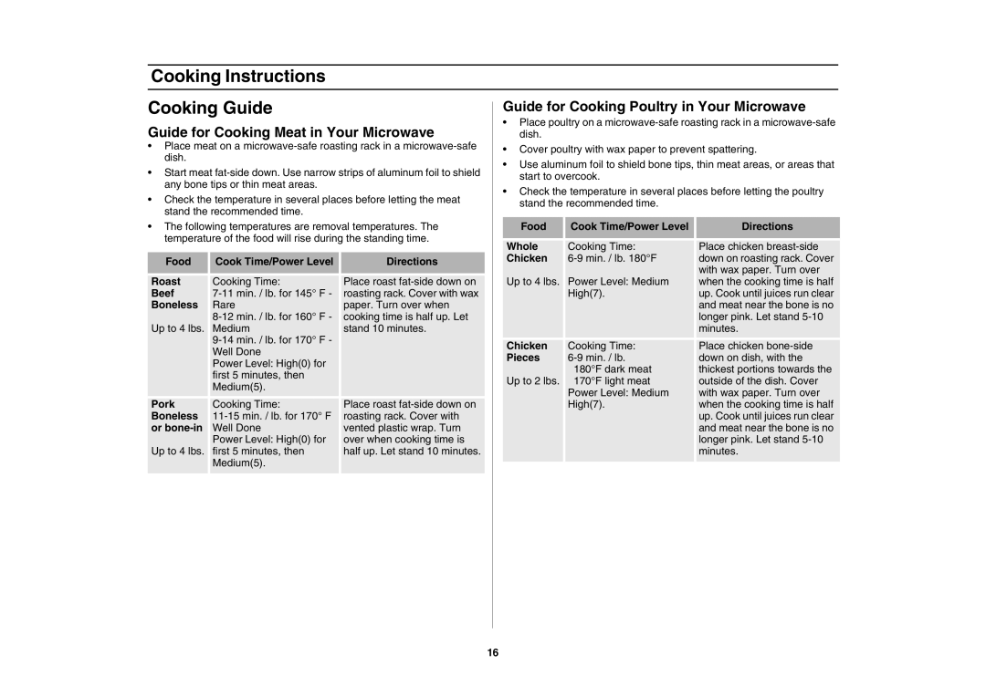 Samsung DE68-00356H-01 owner manual Cooking Instructions Cooking Guide, Guide for Cooking Poultry in Your Microwave 