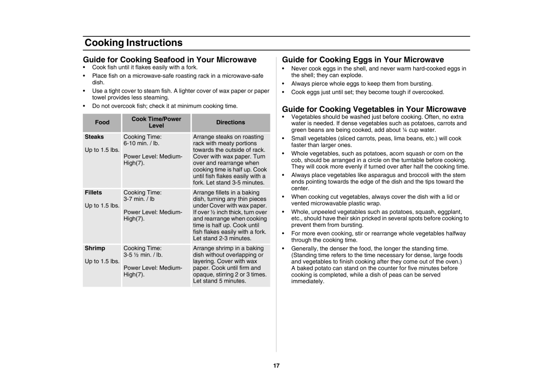 Samsung DE68-00356H-01 owner manual Cooking Instructions, Guide for Cooking Seafood in Your Microwave 