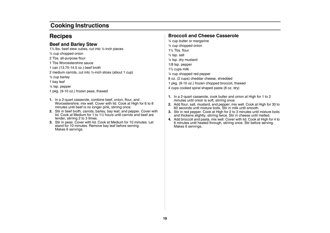 Samsung DE68-00356H-01 owner manual Cooking Instructions Recipes, Broccoli and Cheese Casserole, Beef and Barley Stew 