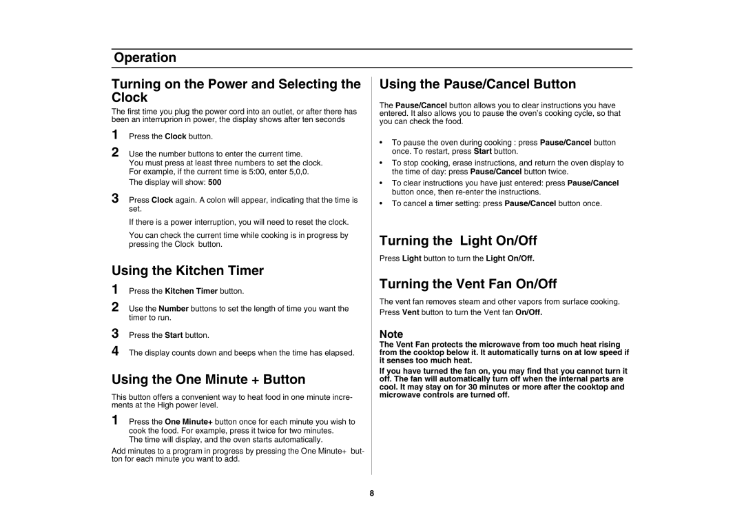 Samsung DE68-00356H-01 owner manual Turning the Light On/Off, Using the Kitchen Timer, Turning the Vent Fan On/Off 