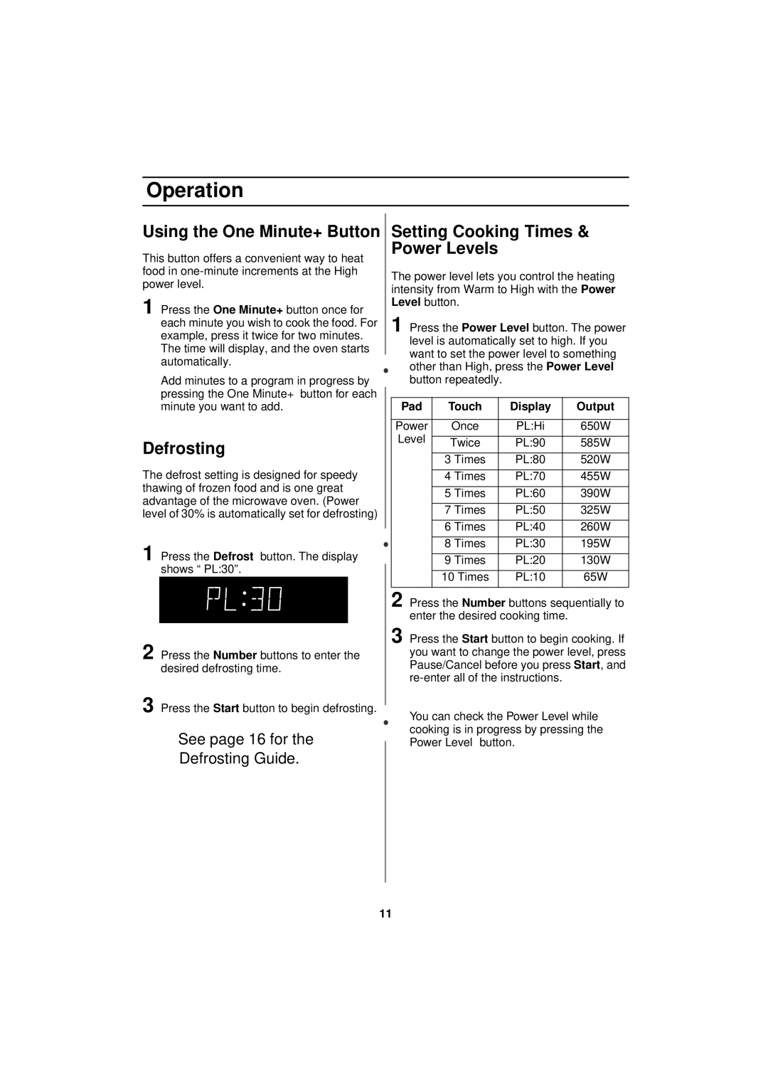 Samsung DE68-01931A-01 manual Using the One Minute+ Button Setting Cooking Times, Power Levels, Defrosting 