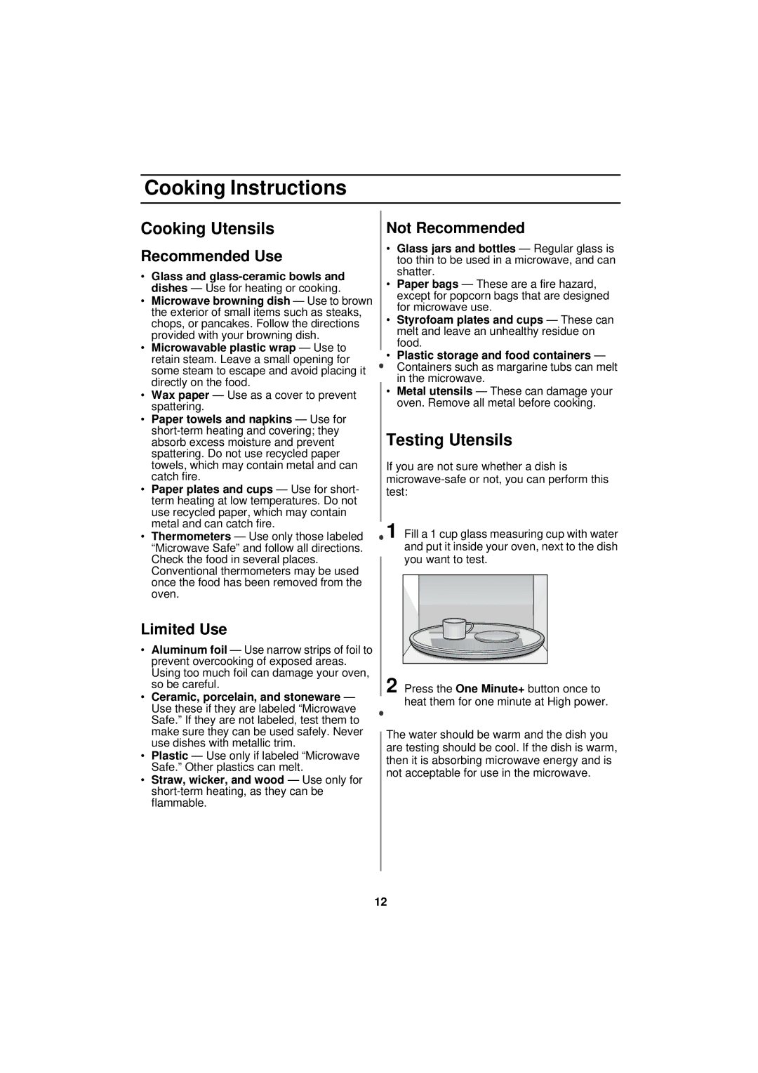 Samsung DE68-01931A-01 manual Cooking Instructions, Cooking Utensils, Testing Utensils 