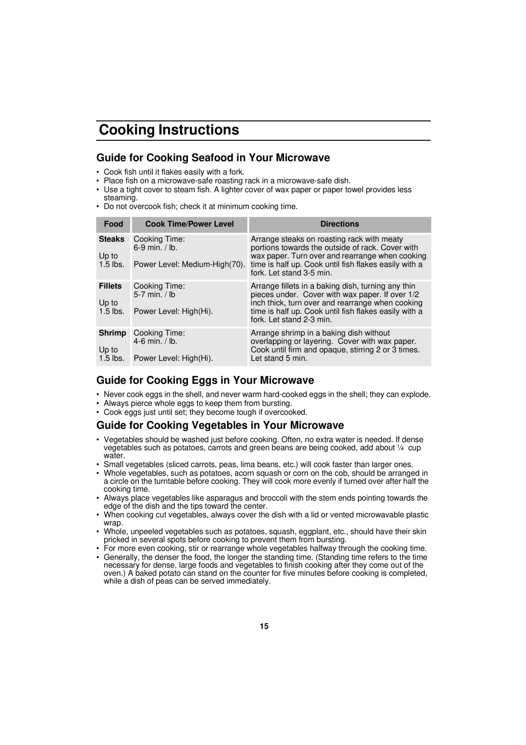 Samsung DE68-01931A-01 manual Guide for Cooking Seafood in Your Microwave, Guide for Cooking Eggs in Your Microwave 