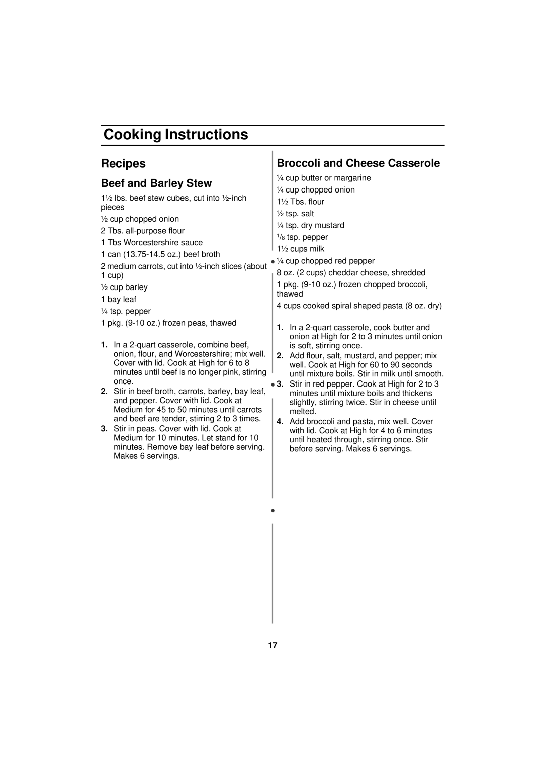 Samsung DE68-01931A-01 manual Recipes, Beef and Barley Stew, Broccoli and Cheese Casserole 