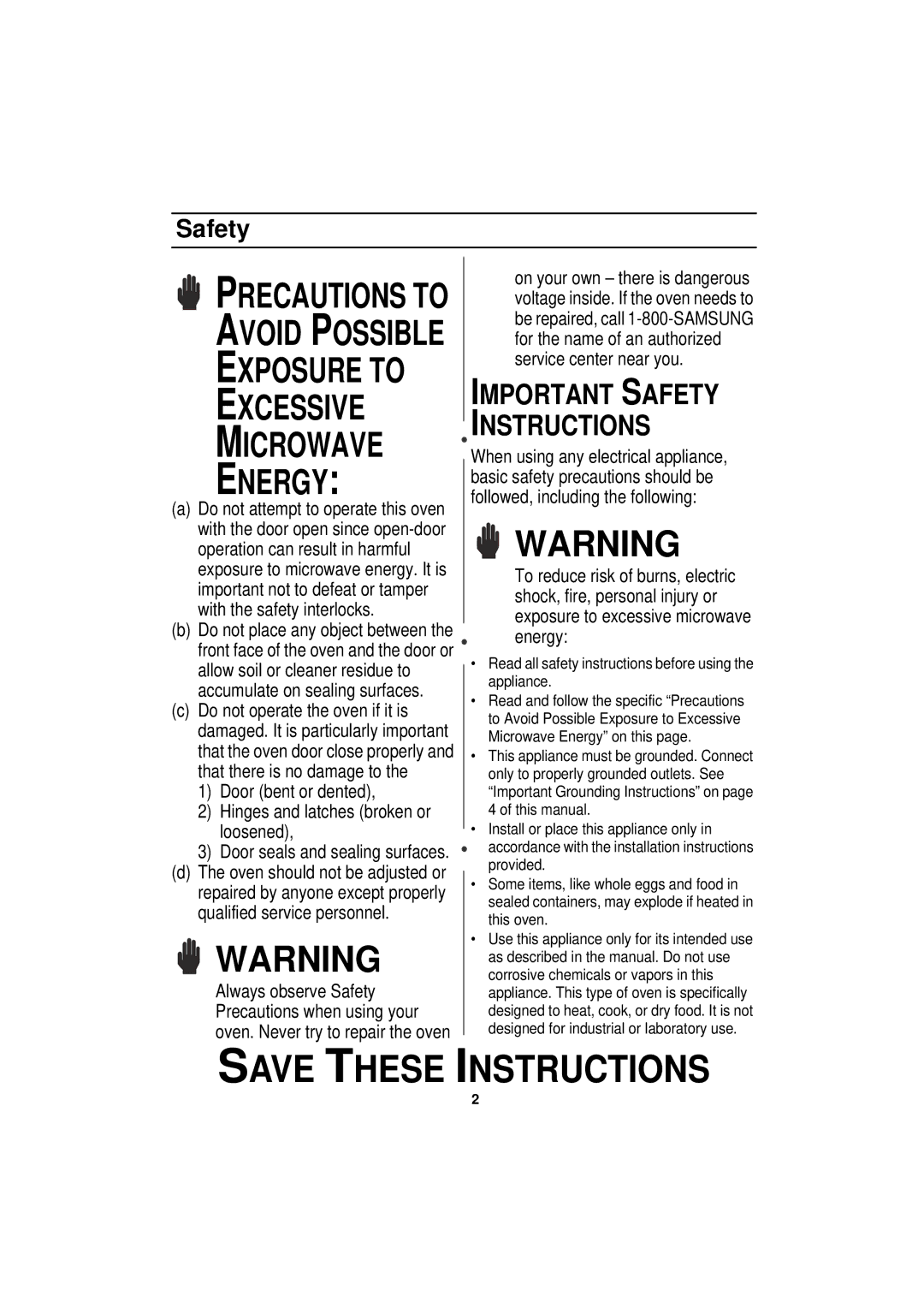 Samsung DE68-01931A-01 manual Exposure to Excessive Microwave Energy, Safety 