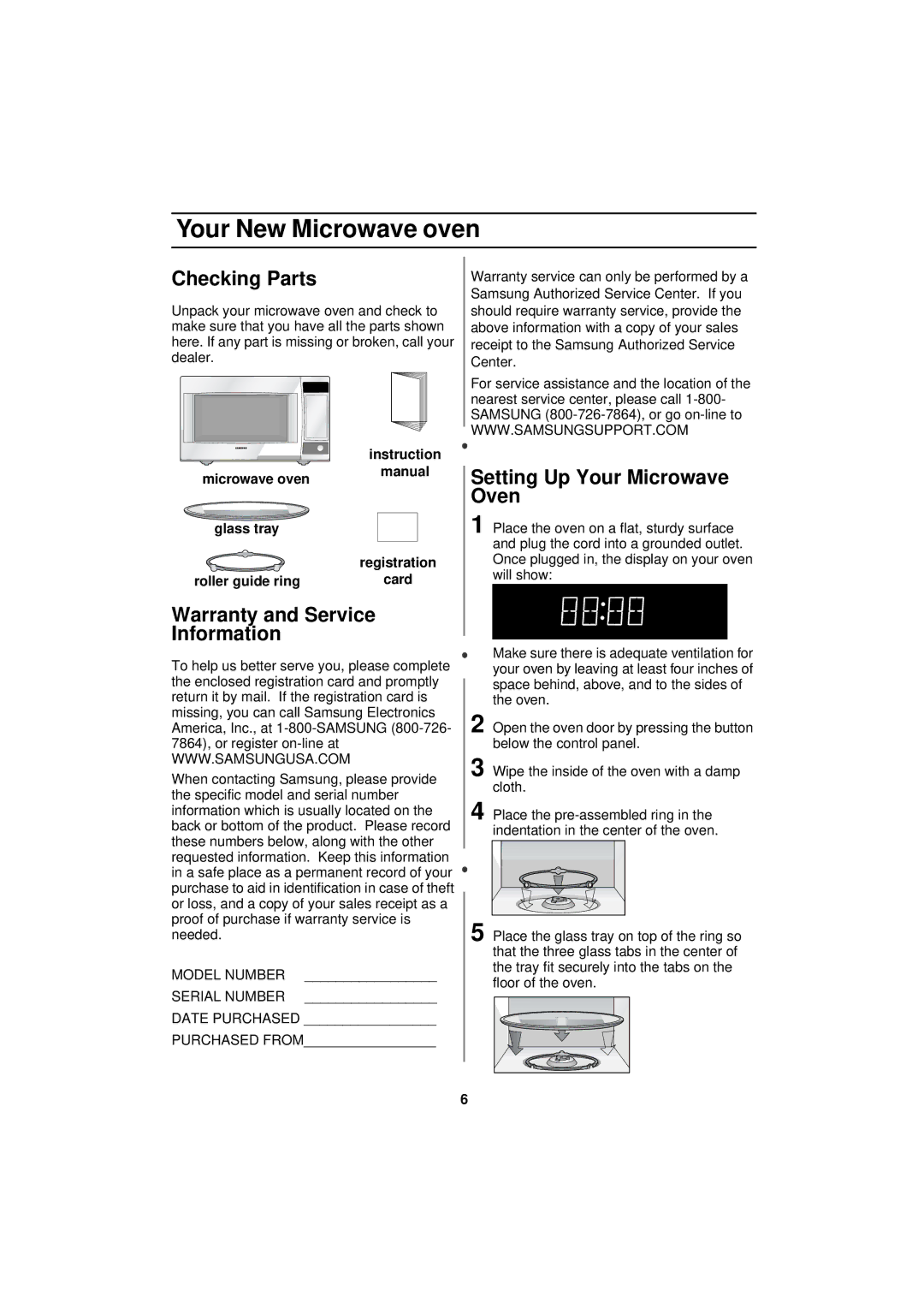 Samsung DE68-01931A-01 manual Your New Microwave oven, Checking Parts, Warranty and Service Information 