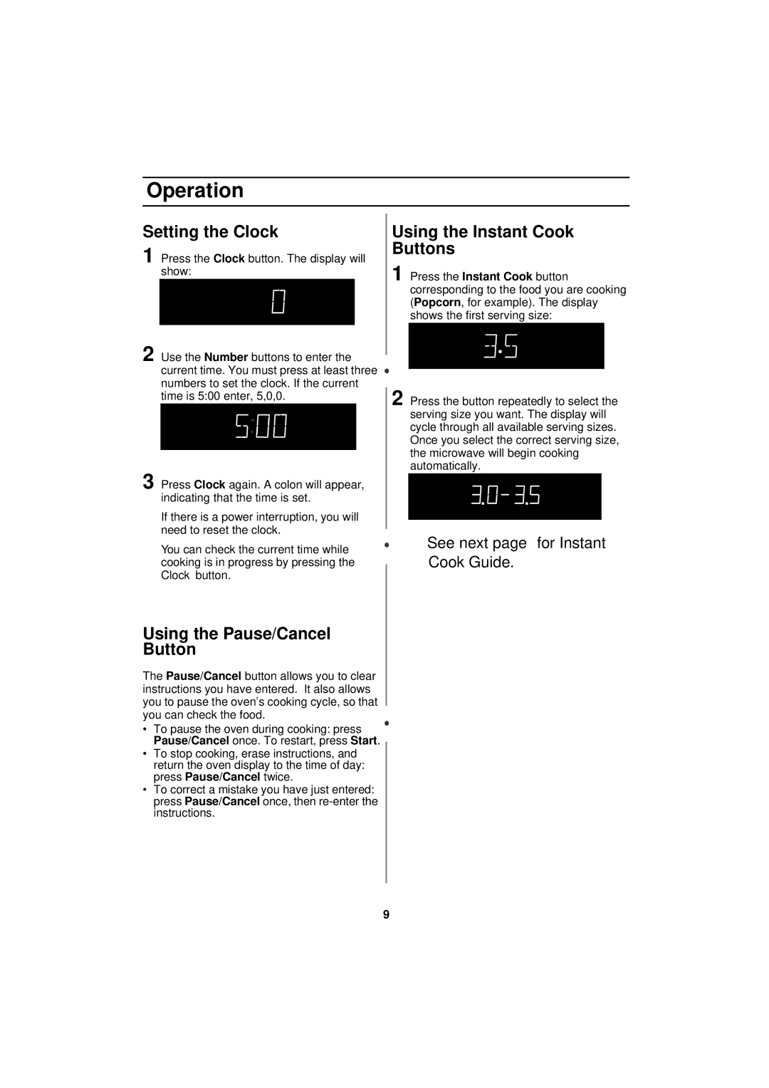 Samsung DE68-01931A-01 manual Operation, Setting the Clock, Using the Pause/Cancel Button, Using the Instant Cook Buttons 