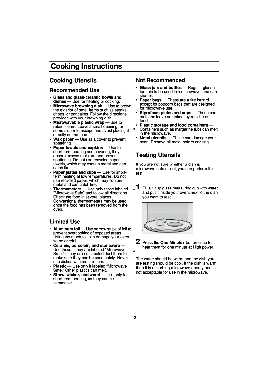 Samsung DE68-01931A-01 manual Cooking Instructions, Cooking Utensils, Testing Utensils, Recommended Use, Limited Use 